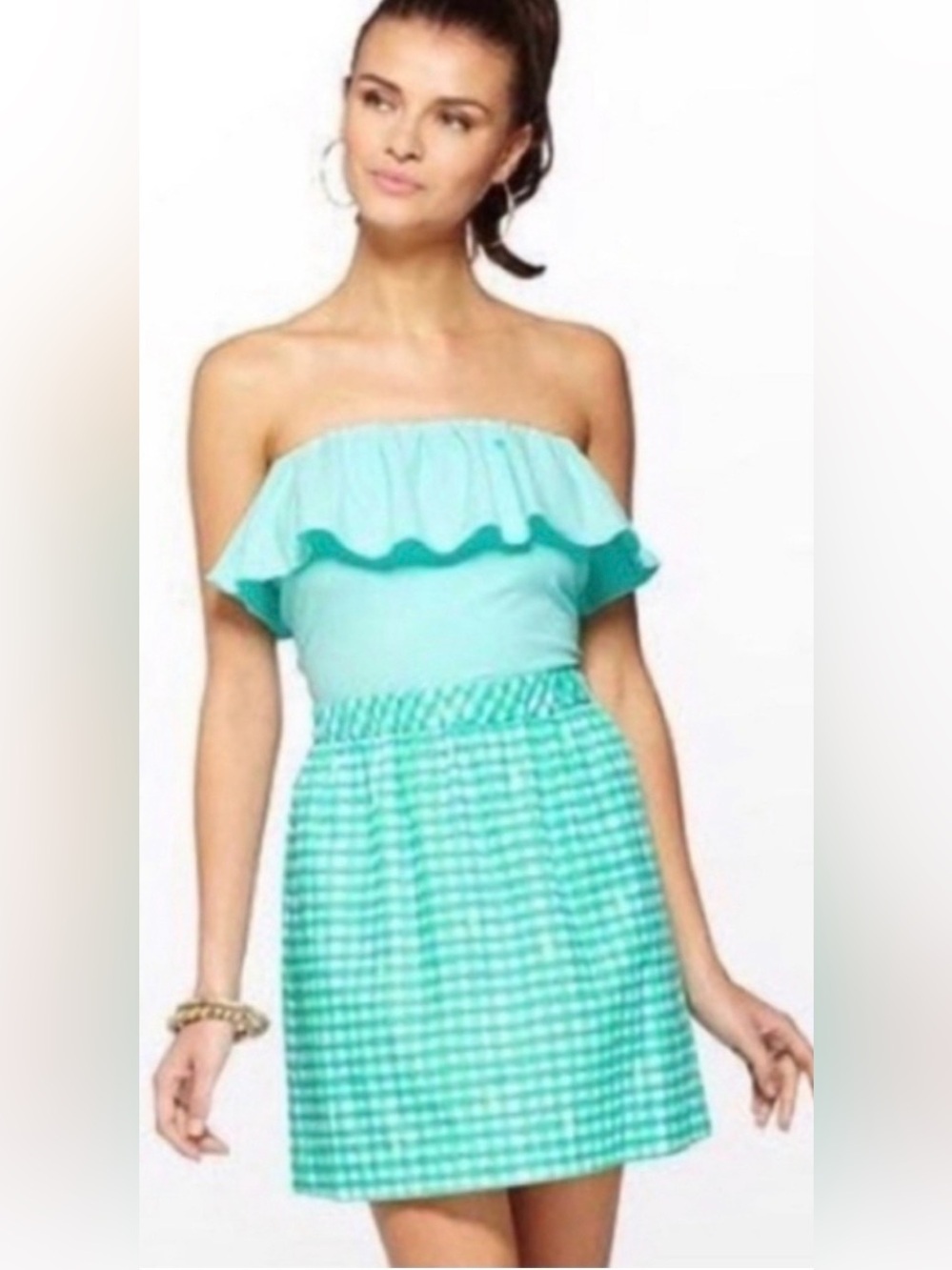 Lilly Pulitzer Athens Glenda Green Painterly Gingham Off Shoulder Ruffle Small